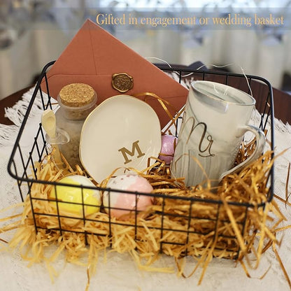 Initials Ring Dish Jewery Tray with Personalized M-Monogrammed Mother's Day Gifts Wedding Engagement for Women Friends sister,Ceramic White