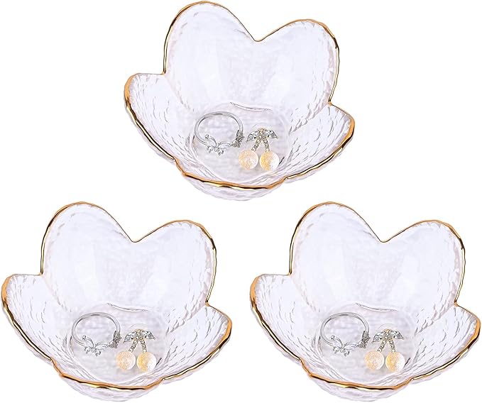 Koythin 3-Piece Glass Jewelry Tray, Small Trinket Holder for Necklace Bracelet Earring, Ring Holders for Bathroom, Aesthetic Trinket Dish, Flower Nightstand Decor for Girl Mom (Transparent White)