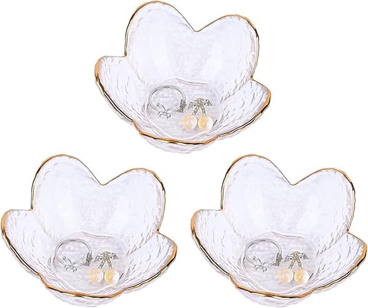 Koythin 3-Piece Glass Jewelry Tray, Small Trinket Holder for Necklace Bracelet Earring, Ring Holders for Bathroom, Aesthetic Trinket Dish, Flower Nightstand Decor for Girl Mom (Transparent White)