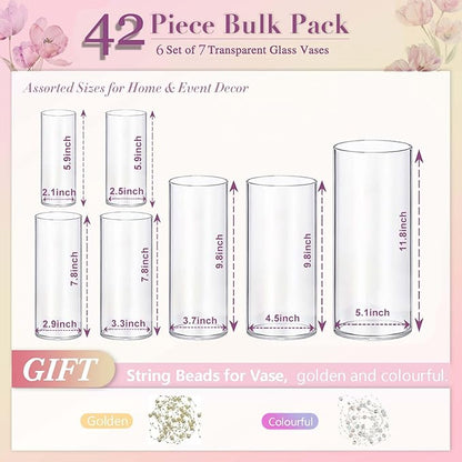 42pcs Glass Vase Cylinder Vases for Centerpieces Small Flower Glass Clear Vases Home Decor Centerpiece Table Flower Vase Decorations for Wedding Decoration＆Holiday 7 Vases of Different Sizes