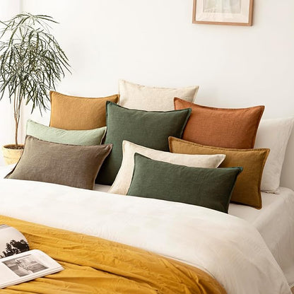 Foindtower Pack of 2, Decorative Linen Solid Throw Pillow Covers Soft Accent Cushion Case Farmhouse Neutral Pillowcase for Chair Couch Sofa Bedroom Living Room Home Decor 26 x 26 Inch Dark Olive Green