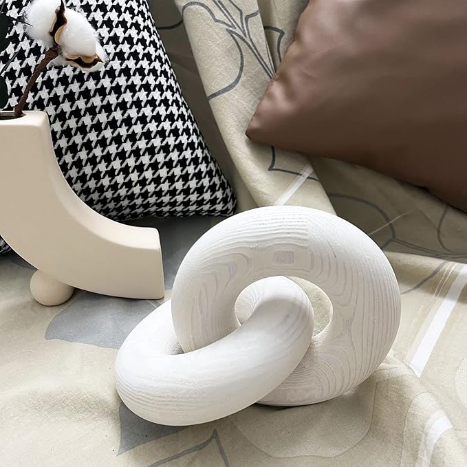 Double Ringwood Chain Link Decor- 2-Link Wood Knot Decor,Hand Carved Pine Wood Boho Bead, Suitable for Bedroom, Living Room, Coffee Table Decoration (White)