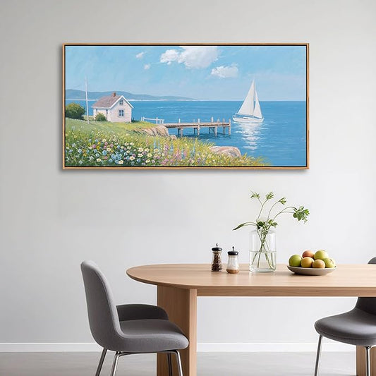 Coastal Pictures for Living Room, Beach Wall Art, Floral Wall Art Featuring Sailboat and Ocean Wall Decor, Nautical Framed Art for Bedroom or Above Bed Decor Large Artwork for Walls 20×40IN