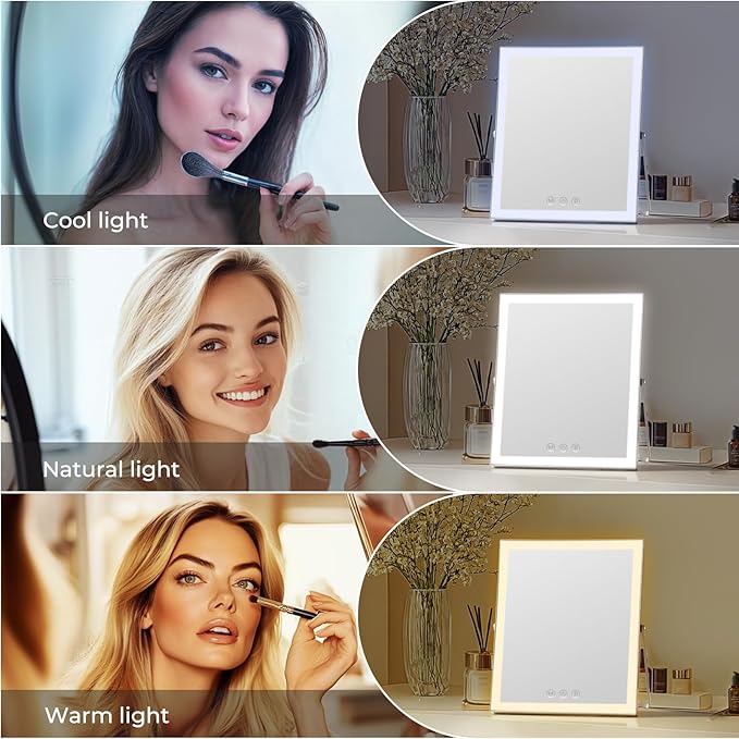 Vanity Mirror with Lights,10"x12" Lighted Makeup Mirror with 3 Color Modes, 360° Rotation Desk Mirror, Dual Power Supply, Smart Touch Control (White),Valentine's Day Gift for Her