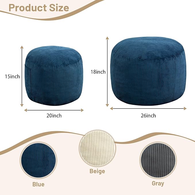 Round Stuffed Pouf Ottoman,Corduroy Foot Rest with Rebound Foam Filled, Furry and Fluffy Foot Stool Ottoman,26"*18" Floor Poufs for Living Room (Blue, 26" D x 26" W x 18" H)