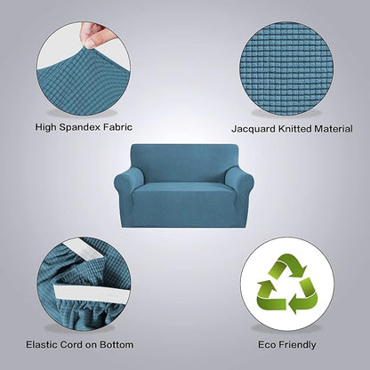 H.VERSAILTEX Stretch Sofa Covers Couch Covers for 2 Cushion Couch Sofa Pet Friendly with Elastic Bottom, Textured Checked Jacquard Fabric(Loveseat 58"-70" Wide, Dusty Blue)