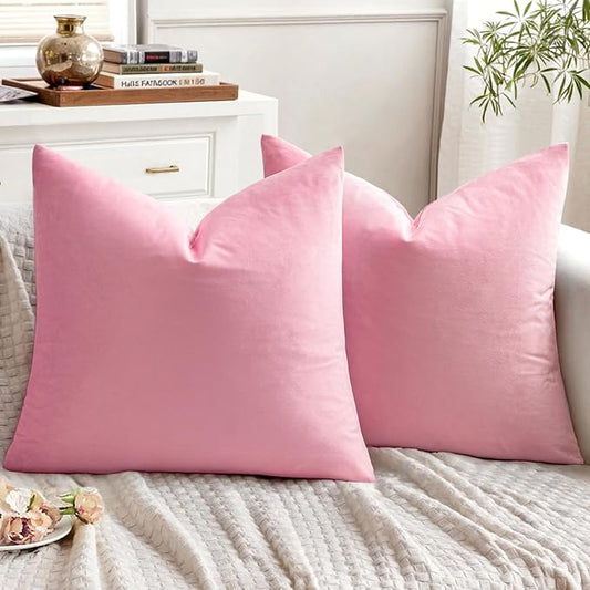 EMEMA Pack of 2 Velvet Throw Pillow Covers Decorative Square Pillowcase Soft Solid Cushion Case for Sofa Bedroom Chair Car 20x20 Inch Bright Pink
