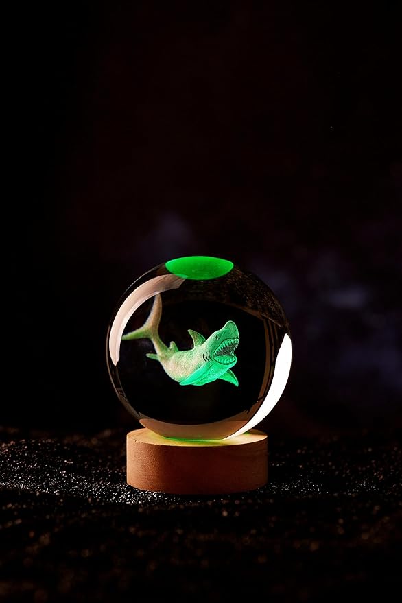Large Shark Crystal Ball Night Light with Woodern Base, 3D Crystal Lamp 16 Color Changing with Remote Control, Laser Engraved Glass Ball Lamp, Room Decor (Shark)
