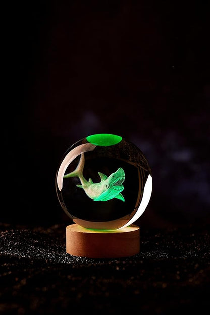 Large Shark Crystal Ball Night Light with Woodern Base, 3D Crystal Lamp 16 Color Changing with Remote Control, Laser Engraved Glass Ball Lamp, Room Decor (Shark)
