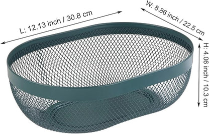 Metal Mesh Steel Basket, Oval Metal Wire Storage Organizer Baskets Multi Functional Kitchen Baskets Countertop Fruit Baskets Garden Harvest Basket for Picnic Decor Cabinet Home, Blackish Green