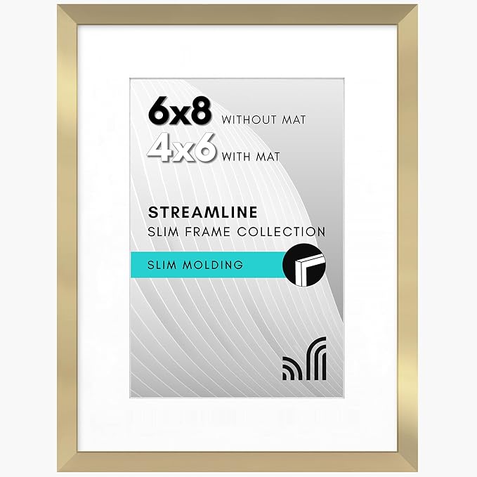 Americanflat 6x8 Picture Frame with Shatter-Resistant Glass - Use as 4x6 Frame with Mat or Display 6x8 Photo Without Mat - Streamline Collection - Picture Frames for Tabletop and Wall - Gold