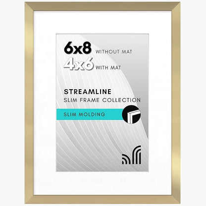 Americanflat 6x8 Picture Frame with Shatter-Resistant Glass - Use as 4x6 Frame with Mat or Display 6x8 Photo Without Mat - Streamline Collection - Picture Frames for Tabletop and Wall - Gold