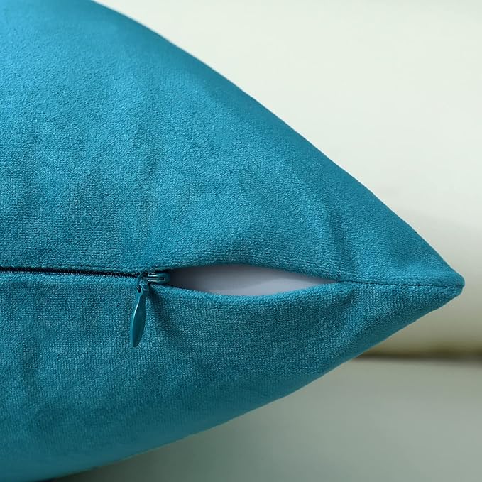 mixeoo Comfy Dark Turquoise Throw Pillow Covers Decorative Square Solid Thick Velvet Super Soft Cushion Cases Home Decor for Sofa Couch Living Room Chair, Set of 2, 18 x 18 Inch