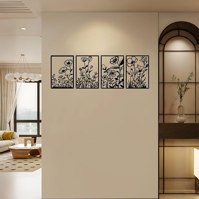 ATSKIM 4 Pieces Black Metal Flowers Wall Decor, Abstract Wall Art Hanging Sculpture Minimalist Bedroom Decor with Floral Line Design for Bedroom Living Room Bathroom, 15.7 x 11 In (Black)