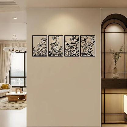 ATSKIM 4 Pieces Black Metal Flowers Wall Decor, Abstract Wall Art Hanging Sculpture Minimalist Bedroom Decor with Floral Line Design for Bedroom Living Room Bathroom, 15.7 x 11 In (Black)