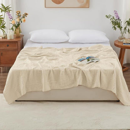 Love's cabin 6 Layer 100% Cotton Muslin Blanket, 108"x90" Muslin King Size Blanket for Bed Couch, Lightweight and Breathable Cotton Gauze for Adult, Beige