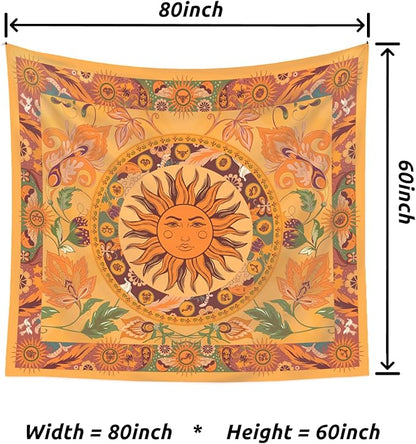 Boho Sun Tapestry Vintage Yellow Tapestry Retro Sunflowers Aesthetic Easy Installation HD Digital Print Wall Hanging for Bedroom Living Room Dorm Home Decor(Organe Sun, 60"x80")