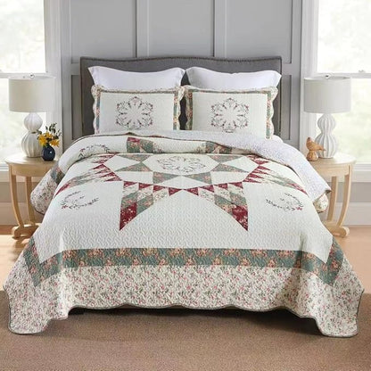 Cotton Bedspread Quilt Bedding Sets, 3 Pieces Reversible Coverlets Comforters Star with Green Floral Real Patchwork Bedspread, Queen Size