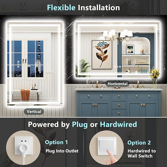 50x40 LED Bathroom Mirror with Lights, Backlit and Front Lit, Anti-Fog Lighted Vanity Mirrors for Bathroom Wall, Dimmable, 3-Color Light, Memory, Shatter-Proof, HD Tempered Glass, CRI＞90