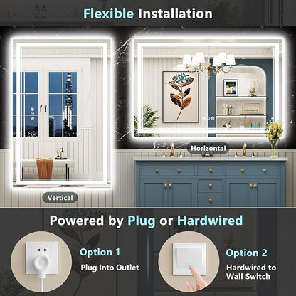 55x36 LED Bathroom Mirror with Lights, Backlit and Front Lit, Anti-Fog Lighted Vanity Mirrors for Bathroom Wall, Dimmable, 3-Color Light, Memory, Shatter-Proof, HD Tempered Glass, CRI＞90