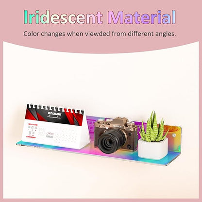 Sezanrpt 16 Inches Iridescent Acrylic Shelves, Wall Mounted Organizer Shelves for Bedroom, Clear Wall Storage Shelves for Cosmetics, Skincare, Router, Doll, Toiletries, Helmets, 2 Pack