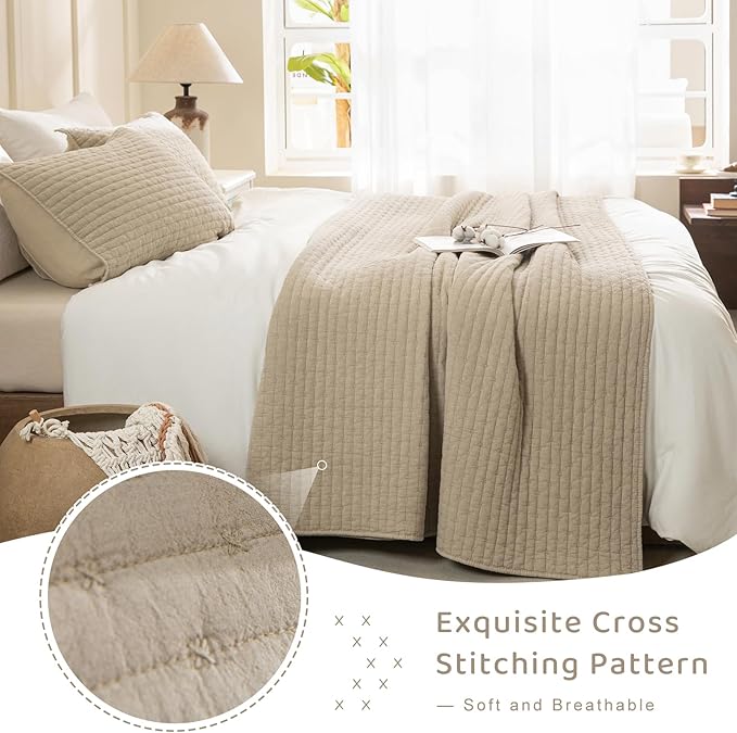 Sanracie Cotton Oversized King Bedspread(118"x106"), Soft Dark Wheat Color Stonewashed California King Quilt Sets Cross Stitch Lightweight Crinkle Coverlet Set 3Pcs for All Season