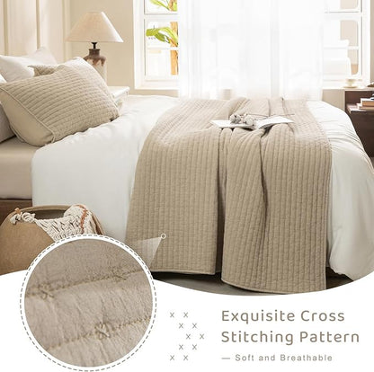 Sanracie Stonewashed Oversized King Quilt(120"x120"), Cotton Dark Wheat Color Cross Stitch Pattern California King Quilt Set 3Pcs Ultra Soft Lightweight Crinkle Bed Coverlet Set for All Season