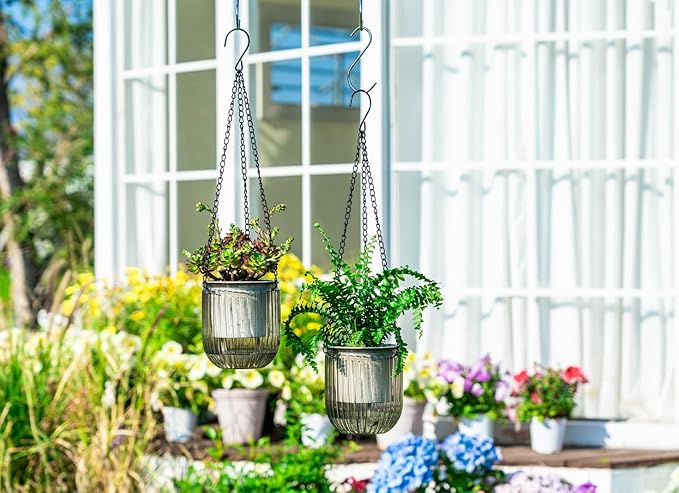 Josteve 4.5 Inch 2 Pcs Self Watering Hanging Planter Indoor Plant Pots Drainage Holes, Outdoor Small Hanging Planters Flower Pot Basket, Visible Water Level, Plant Hanger Home Decor, Gardening