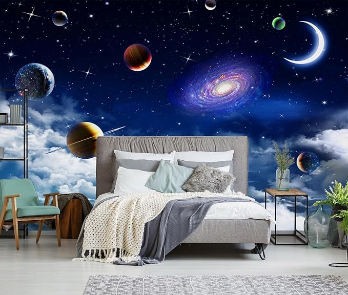 Galaxy Planet Wallpaper Blue Sky Stars Moon Ceiling Wall Mural for Living Room Bedroom（Not Peel and Stick）