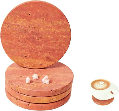 Natural Travertine Stone Coasters Set of 4 with Cork Backing – 4” (10cm) Round Absorbent Drink Coasters, Non-Slip Coffee Table Protectors, Rustic Farmhouse & Modern Décor, Gift-Ready