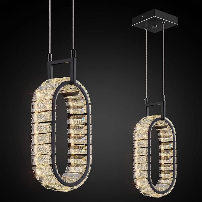 Kitchen Island Mini Light Fixture Modern Led Crystal Pendant Light Black Oval Chandelier for Dining Room Living Room Kitchen Bedroom Bar（1-Pack）