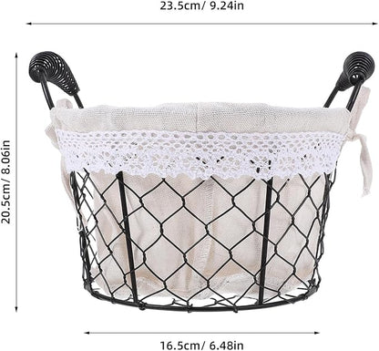 SAFIGLE Iron Wire Basket with Handle and Fabric Liner, Metal Storage Basket for Fresh Eggs and Bread Serving, Rustic Fruit Organizer for Kitchen and Coffee Table