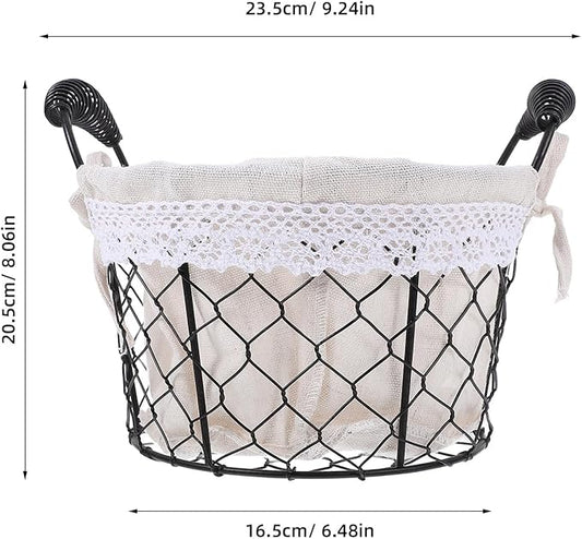 Wire Basket with Handle and Fabric Liner, Rustic Metal Storage Basket for Fruit, Bread, and Wedding Flower Girl, Multi-purpose Home and Kitchen Organizer