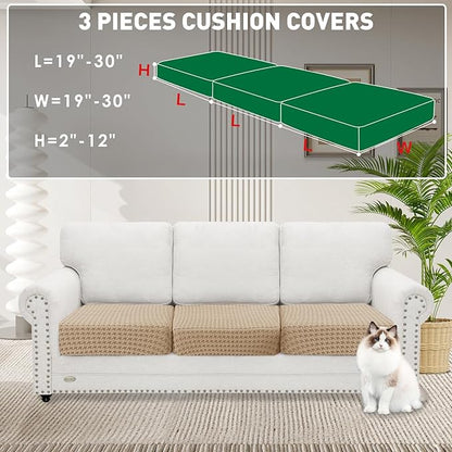 MAXIJIN Couch Cushion Covers for Sectional Sofa, Stretch Sofa Cushion Cover Washable Furniture Protector with Elastic Bottom & Non-Slip Strap for Pets Kids (3PC Seat Cover, Khaki)