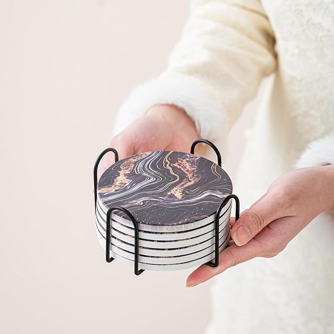 Ceramic Drink Coasters Set of 6 with Holder, Modern Marble Absorbent Ceramic Coasters, Round Ceramic Table Coasters for Home Decor Coffee Kitchen (4 Inches), Black