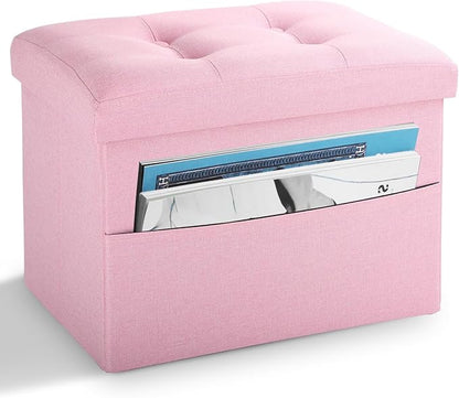 LINMAGCO Storage Ottoman Folding Foot Stool Foot Rest with Side Pocket Modern Ottoman with Storage Short Sofa Stool Linen Cloth 17x13x13(Pink)
