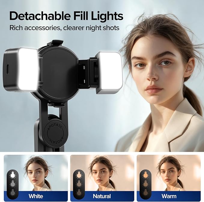 Magnetic Mini Phone Selfie Stick, 4-in-1 Portable Magnetic Selfie Stick for iPhone/Android, Magnetic Chuck＆Clip 2 in 1, with Remote & 2 Fill Light for Photography, Vlogging, TikTok