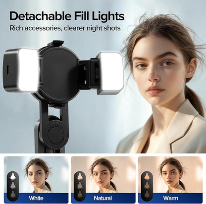 Magnetic Mini Phone Selfie Stick, 4-in-1 Portable Magnetic Selfie Stick for iPhone/Android, Magnetic Chuck＆Clip 2 in 1, with Remote & 2 Fill Light for Photography, Vlogging, TikTok