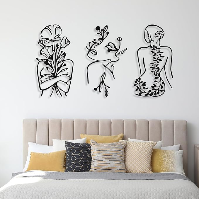 Photect 3 Pcs Metal Wall Art Decor Minimalist Abstract Woman Wall Art Metal Modern Line Drawing Decor Female Single Line Home Hanging for Bedroom Bathroom Living Room Christmas Housewarming(Plant)