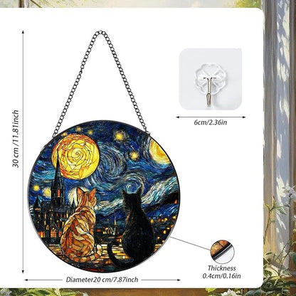 Rngmsi Stained Glass Window Hanging, 7.8″ Cat Oil Painting Sun Catchers with Hook Indoor Window Decor, Decorative Suncatchers Hanging Ornaments Home Garden Art Gift for Housewarming