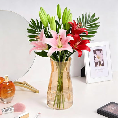 Modern Clear Glass Vase for Centerpiece Table Home Indoor Desk Decor, Decorative Flower Vases for Wedding Reception, Home Decor, Housewarming Gift (Amber)