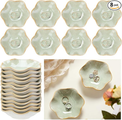 8 Pcs Ceramic Trinket Dish Lotus Leaf Jewelry Tray Small Ring Dish for Earrings, Rings, Jewelry Holder, Key Bowl(Green)