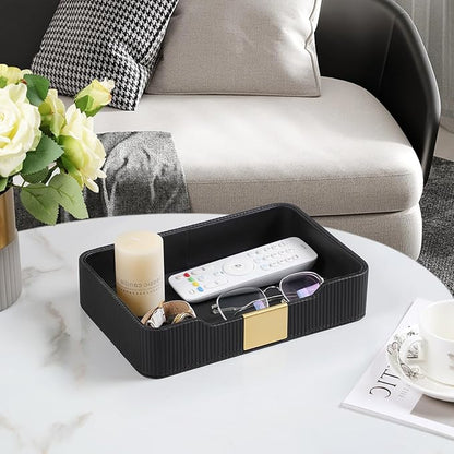 Valet Tray Desktop Storage Organizer, PU Leather Catchall Bedside Vanity Tray with Brass Accents Block Nightstand Organizer for Keys Watch Wallet Phone, Decorative Nightstand Storage (Black)