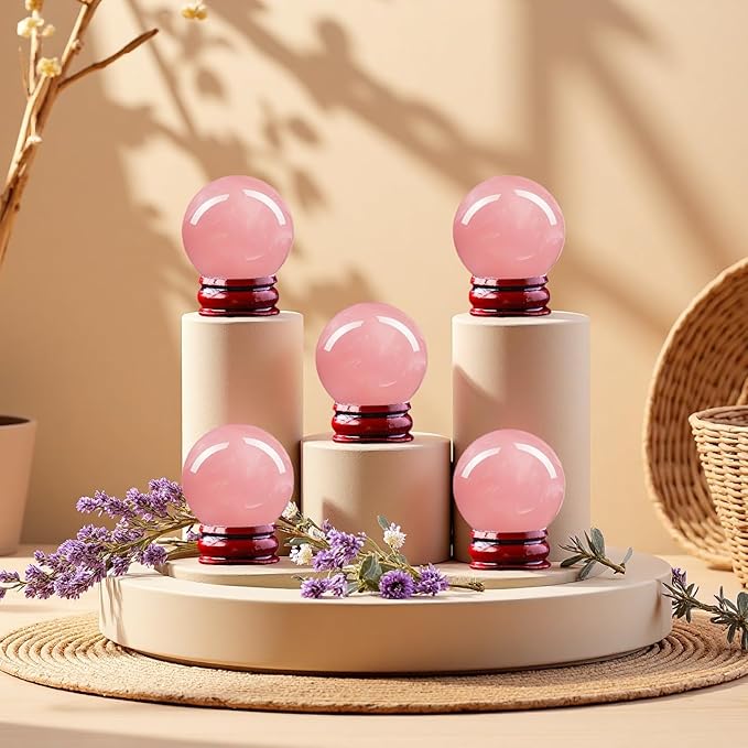 Natural Clear Quartz Crystal Sphere with Stand，5PC Real Crystals Ball, Clear Quartz Small Ball Decor (Rose Quartz Ball)