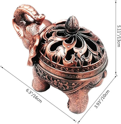 Hourwof Metal Elephant Incense Holder,Vintage Cone Coil Incense Burner with Lid,Ash Catcher,Aromatherapy Ornament Home Office Decor,Red Copper