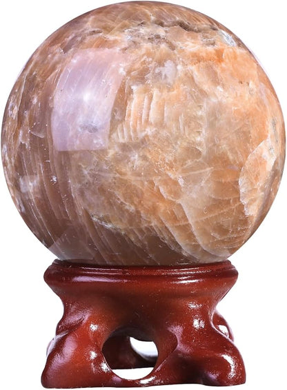 moonsix Natural Orange Moonstone Crystal Sphere with Resin Stand Healing Energy Stone Decorative Ball Sculpture for Home Office Tabletop, 51-60 mm