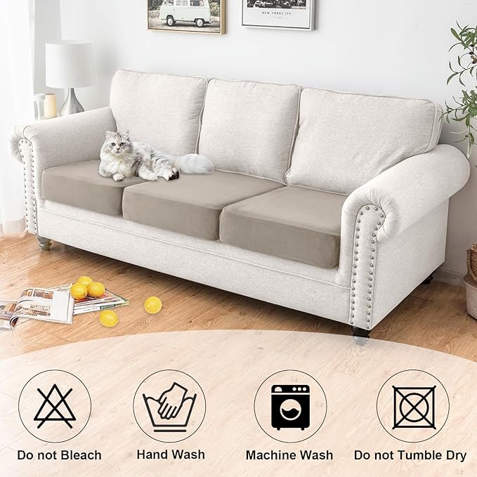 NAISI Waterproof Couch Cushion Covers Thick Velvet Fabric Washable Sofa Slipcovers 3 Pieces Individual Sectional Couch Covers with Elastic Bottom(3 Pcs for 3-Seat or Backrest,Light Taupe)