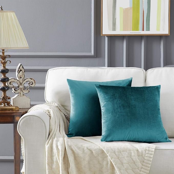 GIGIZAZA Decorative Throw Pillow Covers 26x26,Set of 2 Teal Peacock Green Square Couch Pillow Covers,Velvet Sofa Boho Cushion Pillows