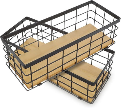 2 Pack Small Wire Baskets, Narrow Rustic Storage Bin for Bathroom Counter, Farmhouse RectangleOrganizer Tray for Kitchen Countertop, Pantry, RV, Office Decorative
