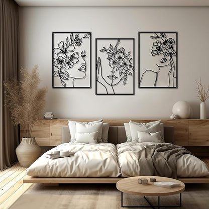 DETENE 3 Pieces Black Metal Wall Decor Minimalist Abstract Metal Wall Art Modern Woman Line Art Decor Single Line Art Décor for Living Room Bedroom Bathroom Kitchen Office(L Size 17 x 11.8'')